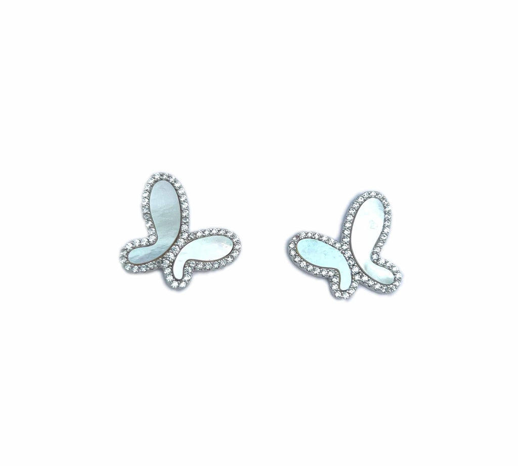 925 Silver with Mother Of Pearl Cubic Zirconia  Stud Butterfly Earring Jewelry